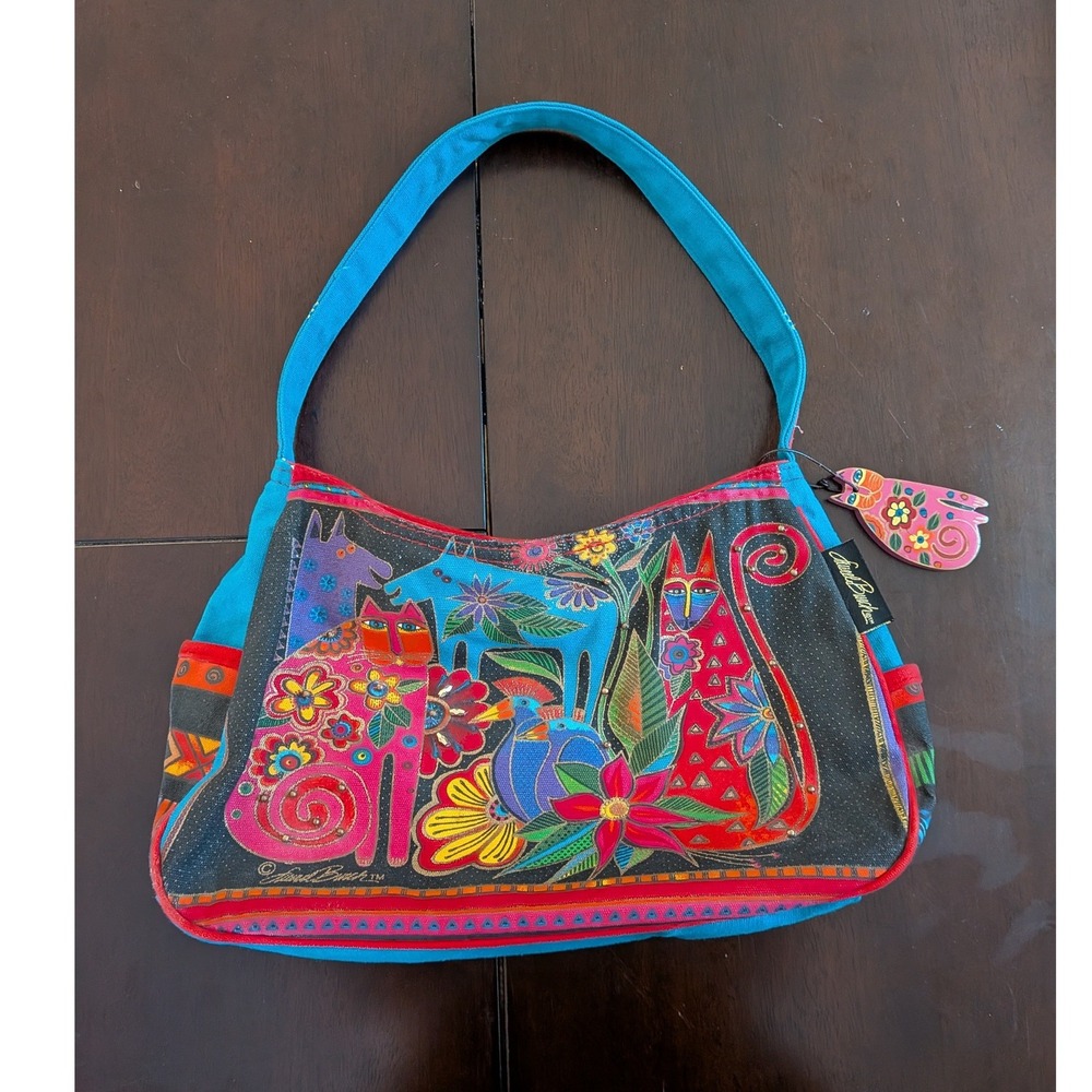 Laurel Burch Fantastic Felines Canvas Shoulder Bag Cat Multicolor Tote Purse